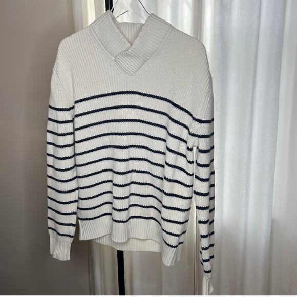 Gap Striped Mock Neck Pullover Sweater, Cream White and Navy Blue, Knit - Picture 4 of 9